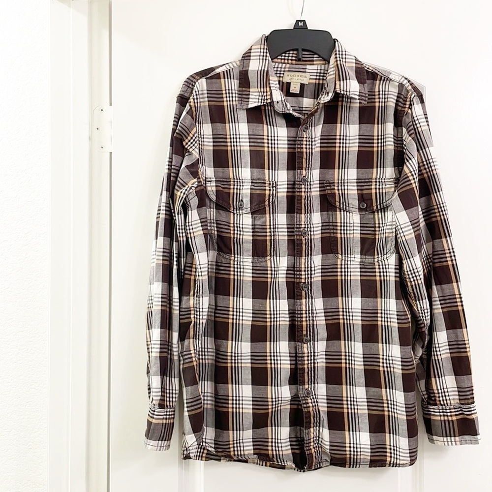 Somona brown plaid long sleeve button down shirt